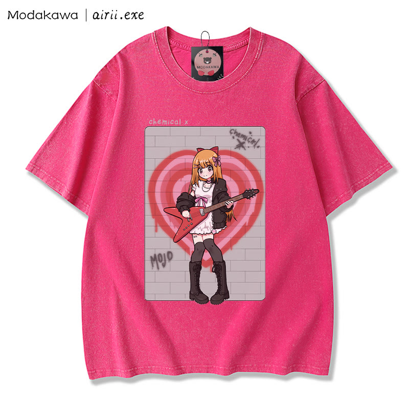 MODAKAWA X airii.exe CHEMICAL ギターガール レタープリント ヴィンテージウォッシュ加工100%綿ModakawaTシャツ - Rose Red - 3XL - image 1