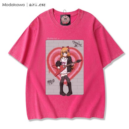 MODAKAWA X airii.exe CHEMICAL ギターガール レタープリント ヴィンテージウォッシュ加工100%綿ModakawaTシャツ - Rose Red - 3XL - image 1