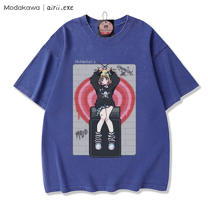 MODAKAWA X airii.exeケミカルガールレタープリント ヴィンテージウォッシュ加工100%綿ModakawaTシャツ - Blue - 3XL - image 1