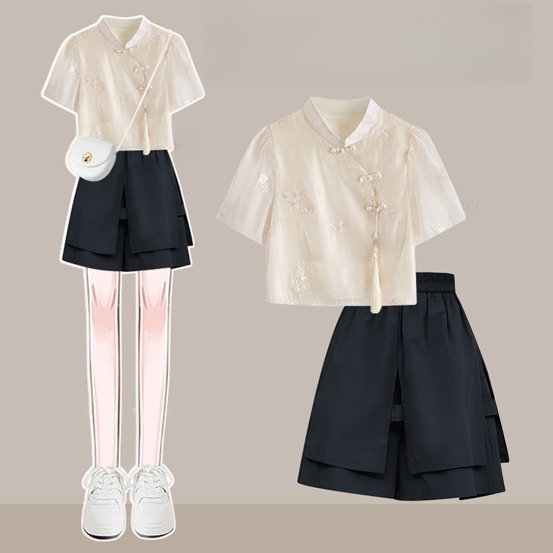 ヴィンテージバックルタッセルトップとルーズショーツの2ピースセット - Apricot&Black - 3XL - image 2