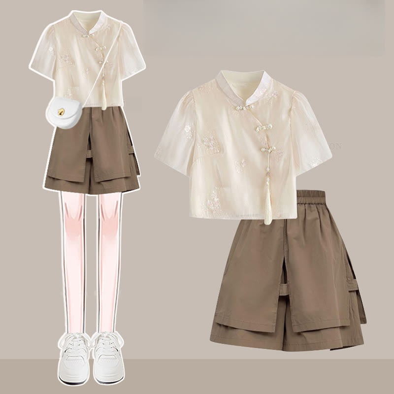 ヴィンテージバックルタッセルトップとルーズショーツの2ピースセット - Apricot&Brown - 3XL - image 1