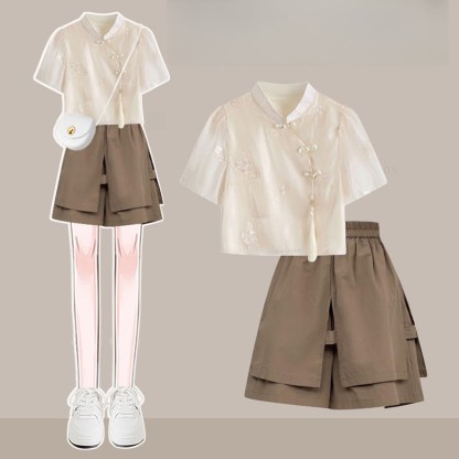 ヴィンテージバックルタッセルトップとルーズショーツの2ピースセット - Apricot&Brown - 3XL - image 1