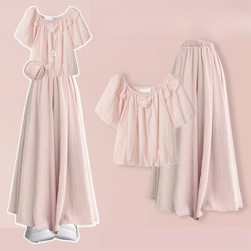 3Dフラワーブラウス ワイドレッグパンツスカート 2ピースセット - Pink - 3XL - image 2