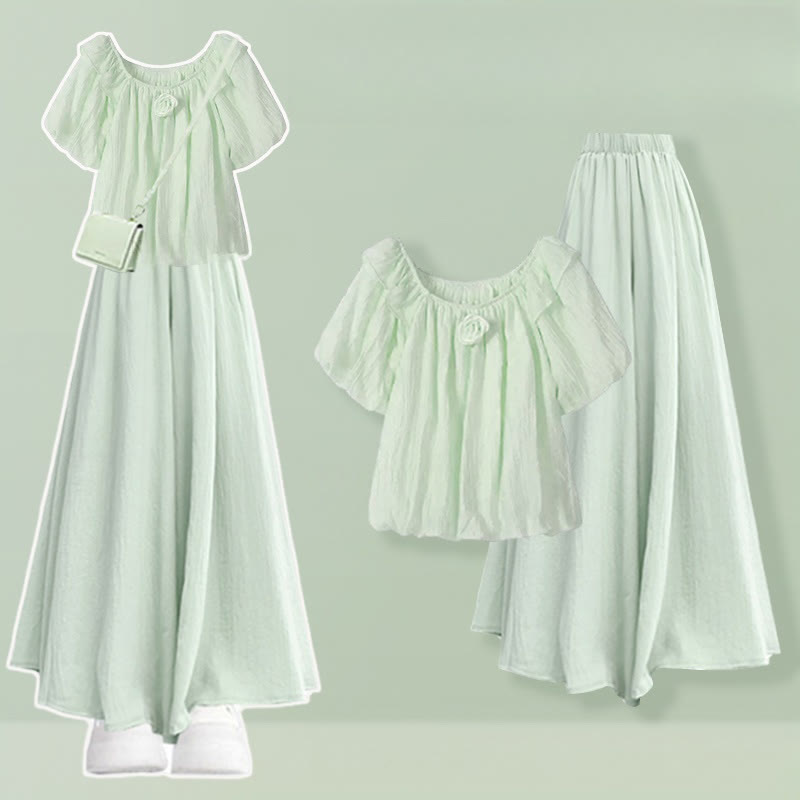 3Dフラワーブラウス ワイドレッグパンツスカート 2ピースセット - Green - 3XL - image 1
