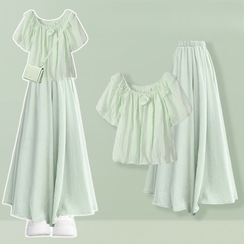 3Dフラワーブラウス ワイドレッグパンツスカート 2ピースセット - Green - 3XL - image 1