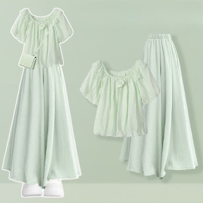 3Dフラワーブラウス ワイドレッグパンツスカート 2ピースセット - Green - 3XL - image 1