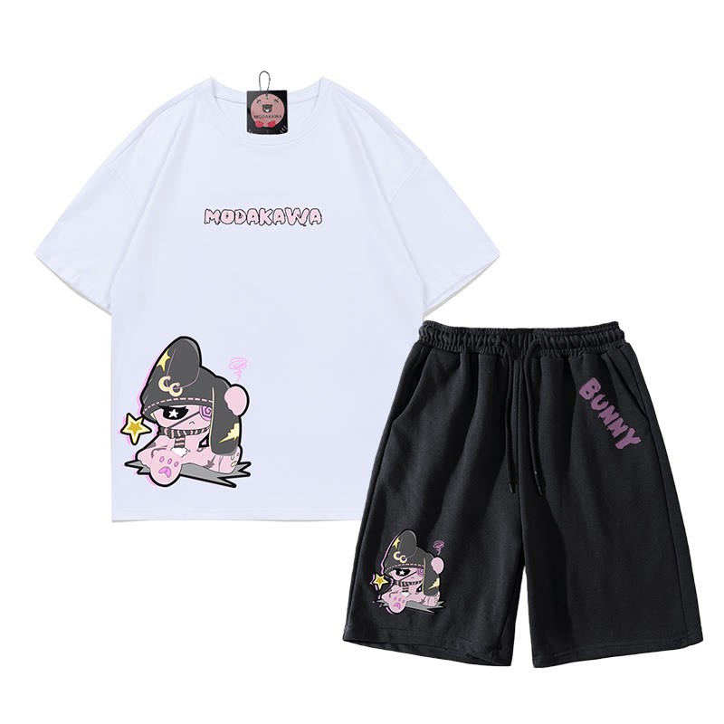 不幸なウサギのグラフィックダーク美学Tシャツショーツ2点セット - ホワイト＆ブラック - B - 5XL - image 11