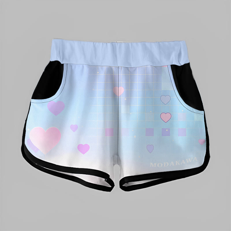 Modakawaグラデーションチェック柄ラブプリントカジュアルショーツ - Blue - 5XL - image 1