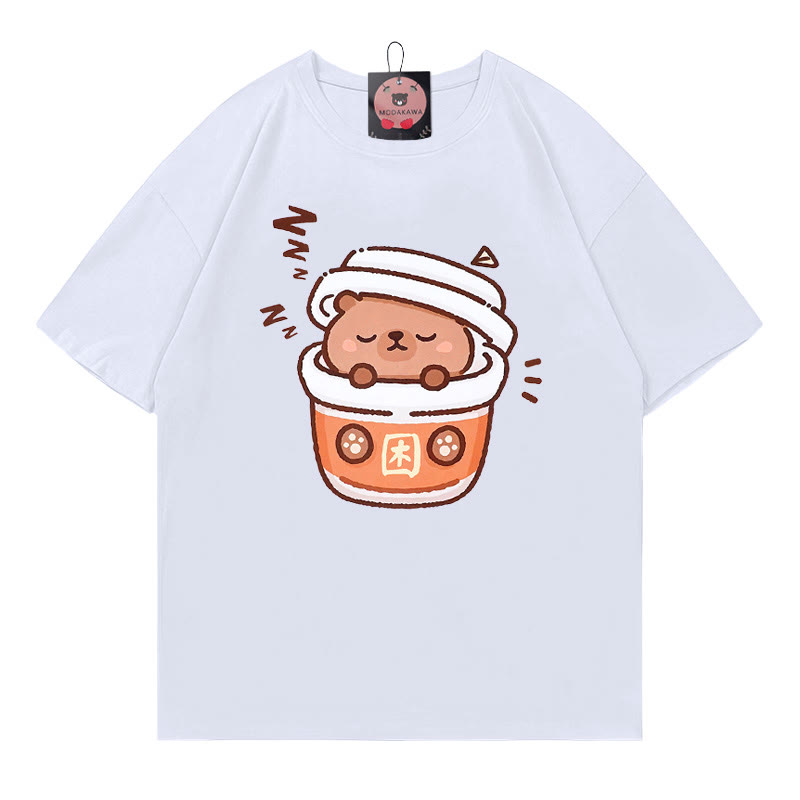 コーヒーカピバラプリント100%綿ModakawaTシャツ - White - 5XL - image 1