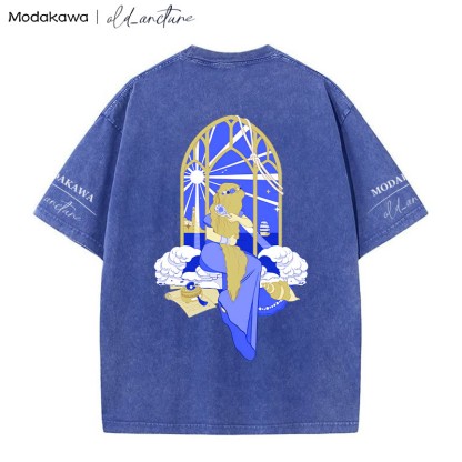 MODAKAWA X old_arcture ブロンドの女の子が髪をブラッシングするシェルプリント ヴィンテージウォッシュTシャツ - Blue - 5XL - image 2