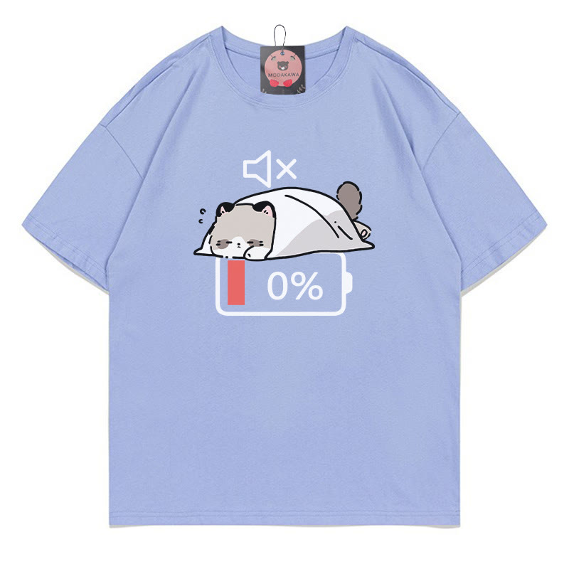 バッテリー0% ミュート キティ プリント Tシャツ - Lavender Blue - 5XL - image 1