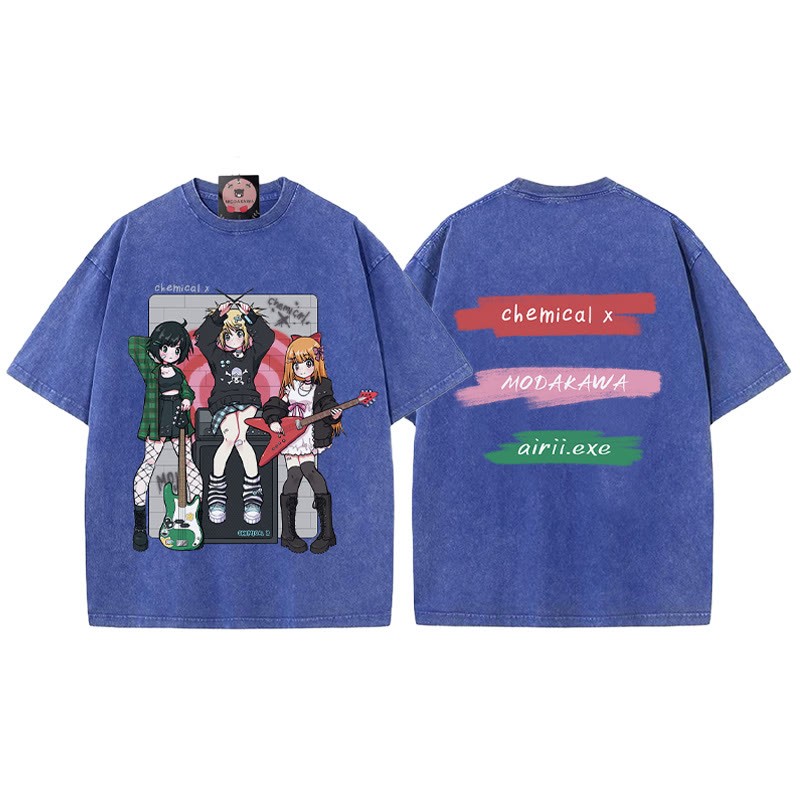 MODAKAWA X airii.exeギターガールレタープリント ヴィンテージウォッシュ加工100%綿ModakawaTシャツ - Blue - 5XL - image 4