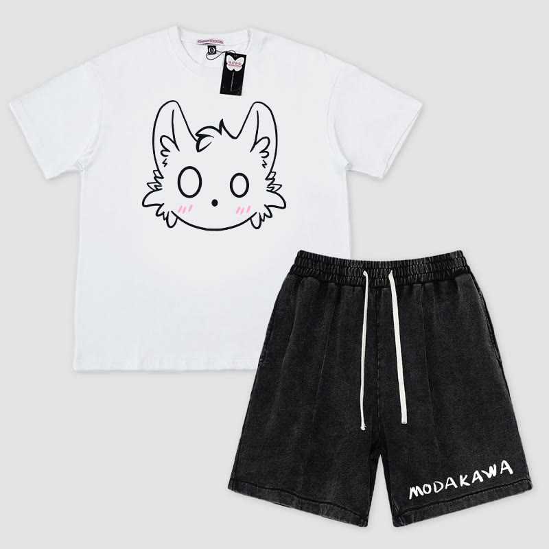リトルモンスタープリントTシャツ レタープリントショーツModakawa2点セット - White&Black - 3XL - image 1