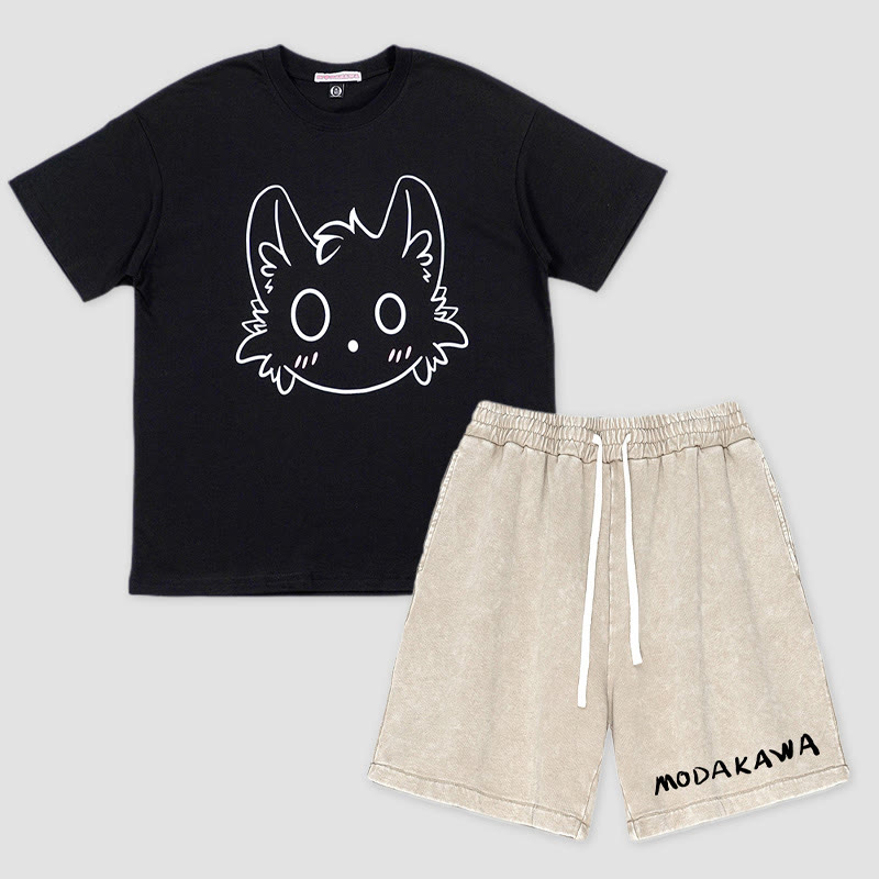 リトルモンスタープリントTシャツ レタープリントショーツModakawa2点セット - Black&Apricot - 3XL - image 4