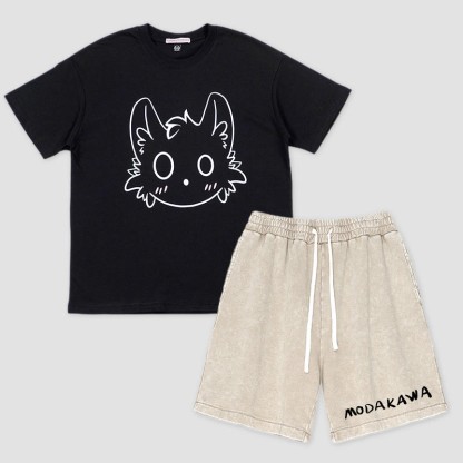 リトルモンスタープリントTシャツ レタープリントショーツModakawa2点セット - Black&Apricot - 3XL - image 4