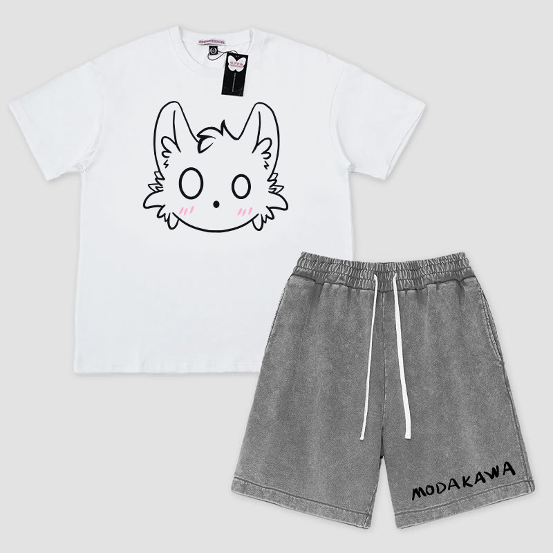 リトルモンスタープリントTシャツ レタープリントショーツModakawa2点セット - White&Grey - 3XL - image 2