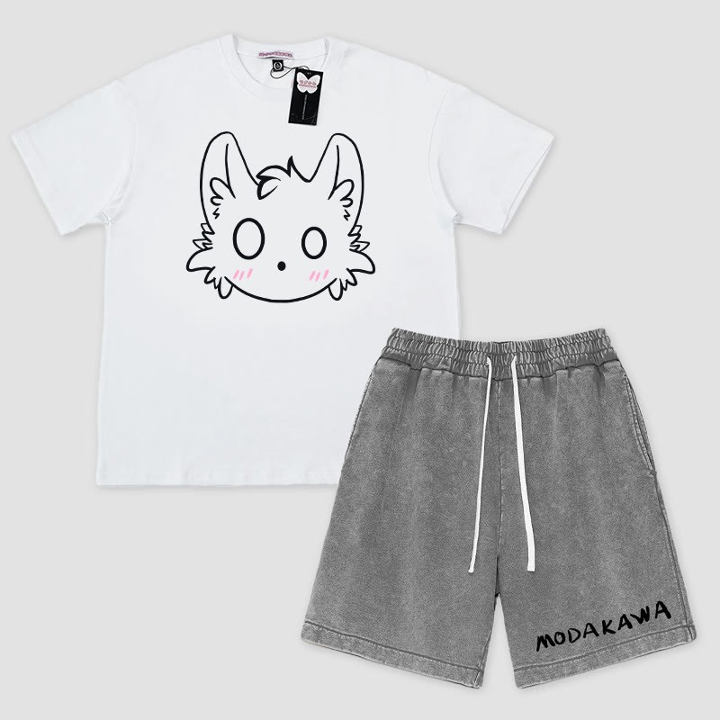リトルモンスタープリントTシャツ レタープリントショーツModakawa2点セット - White&Grey - 3XL - image 2