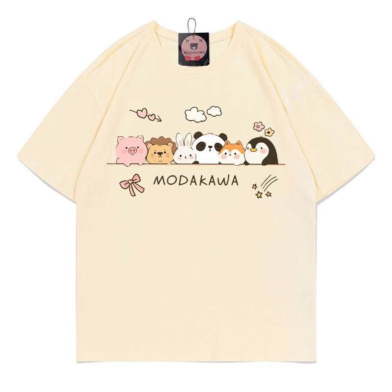 動物たちが一列に並んだ文字プリントのModakawaTシャツ - Apricot - 5XL - image 1