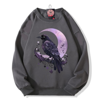 バードムーンプリント ラウンドカラー スウェットシャツ - Dark Grey - 5XL - image 1