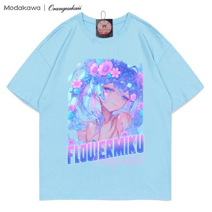 MODAKAWA × orangesekaii flowermiku プリントTシャツ - Blue - 5XL - image 1