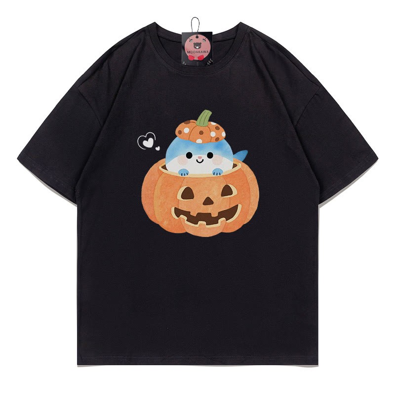 パンプキンシャークプリントTシャツ - 黒 - 5XL - image 1