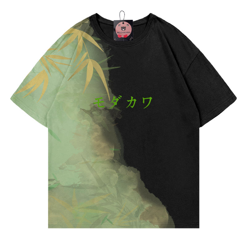 竹グラデーションレタープリントModakawaTシャツ - グリーン＆ブラック - 5XL - image 2