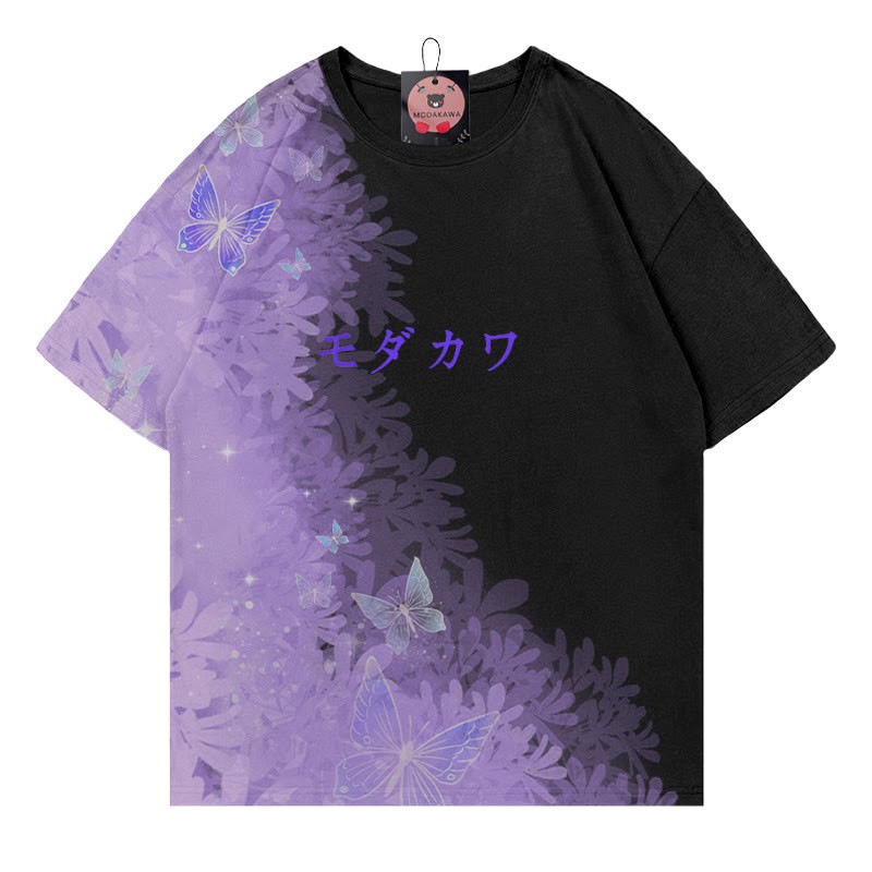 バタフライグラデーションレタープリントModakawaTシャツ - パープル＆ブラック - 5XL - image 2