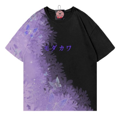 バタフライグラデーションレタープリントModakawaTシャツ - パープル＆ブラック - 5XL - image 2