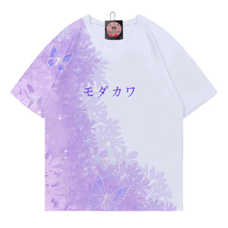バタフライグラデーションレタープリントModakawaTシャツ - パープル＆ホワイト - 5XL - image 1