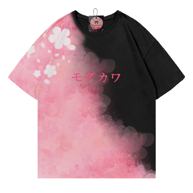 フラワーグラデーションレタープリントModakawaTシャツ - Pink&Black - 5XL - image 3