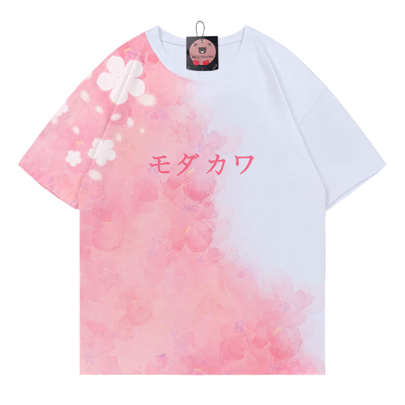 フラワーグラデーションレタープリントModakawaTシャツ - Pink&White - 5XL - image 1