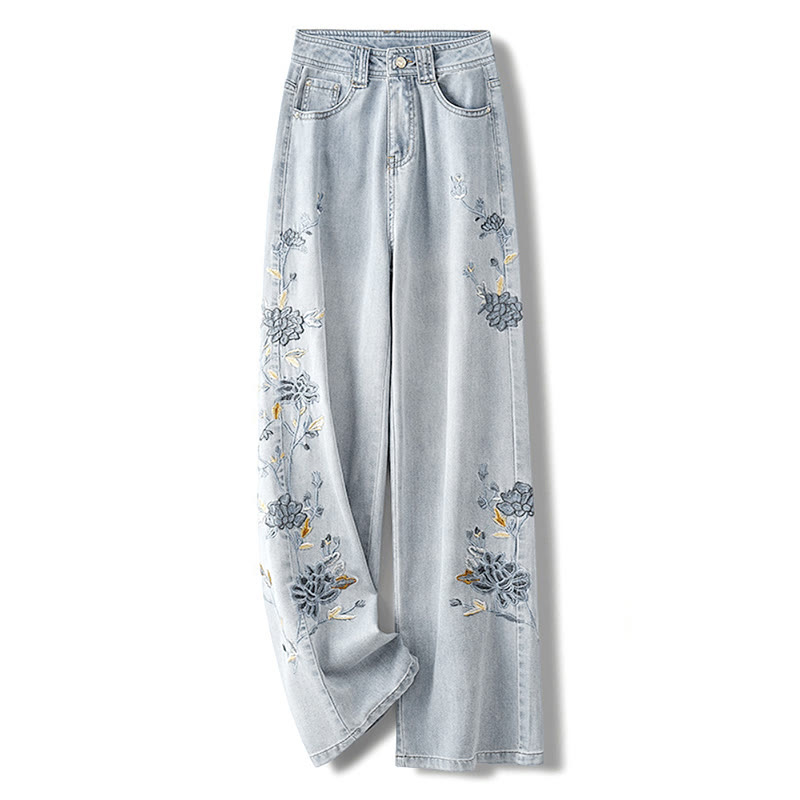 フラワー刺繍カジュアルデニムパンツ - image 1