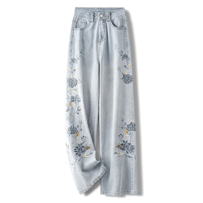 フラワー刺繍カジュアルデニムパンツ - image 1