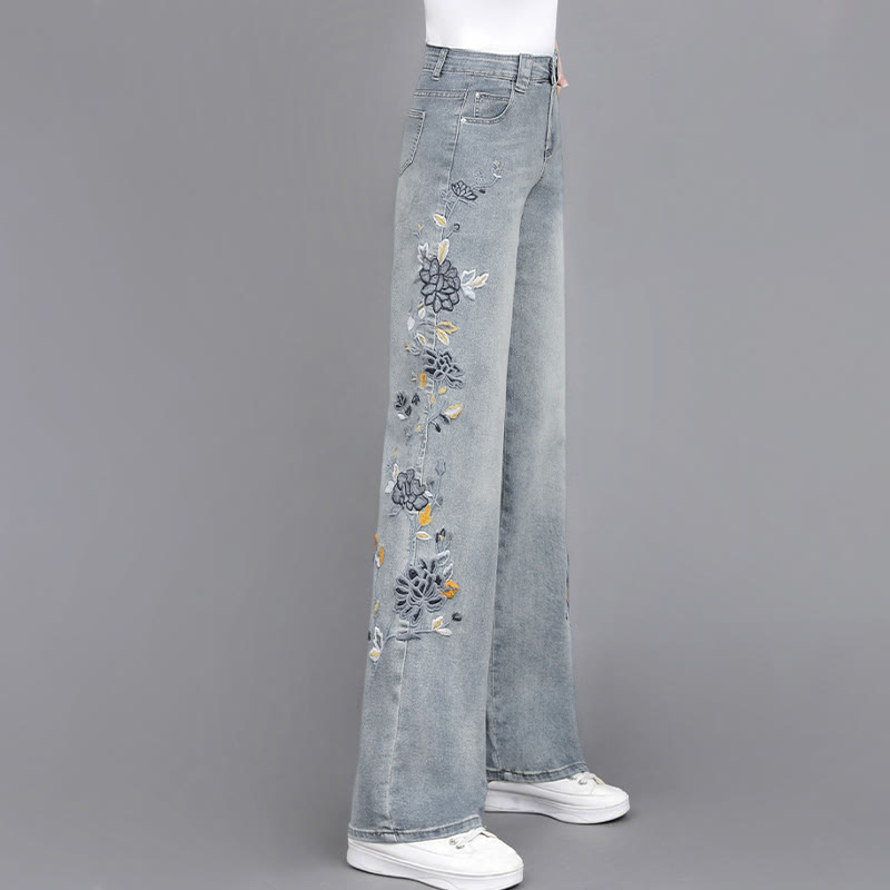 フラワー刺繍カジュアルデニムパンツ - Blue - 3XL - image 2