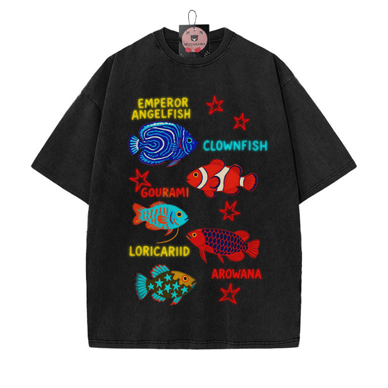 フィッシュスタープリント ヴィンテージウォッシュTシャツ - 黒 - 5XL - image 4