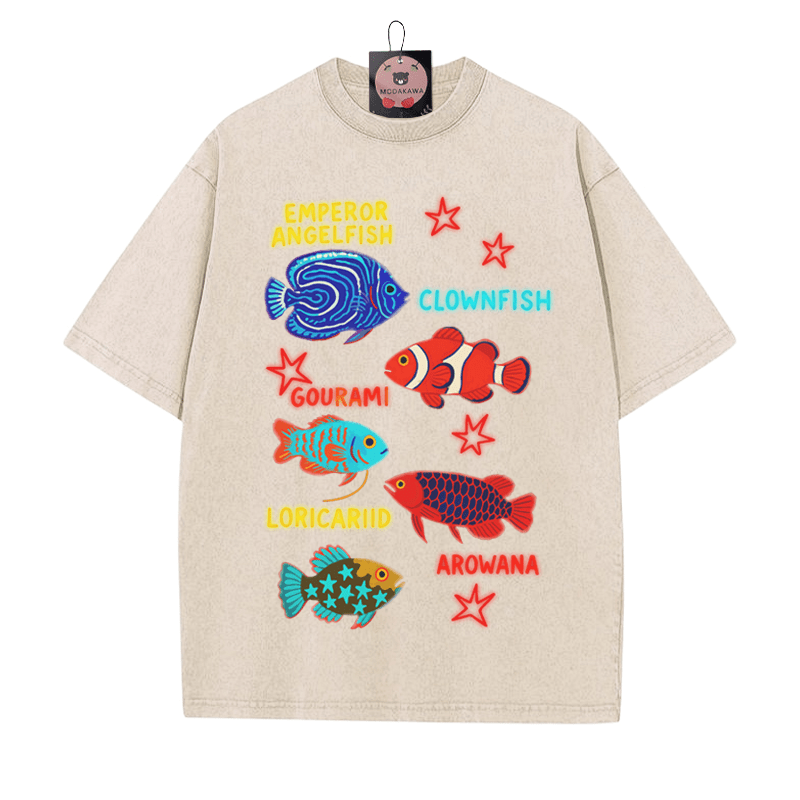 フィッシュスタープリント ヴィンテージウォッシュTシャツ - アプリコット - 5XL - image 2