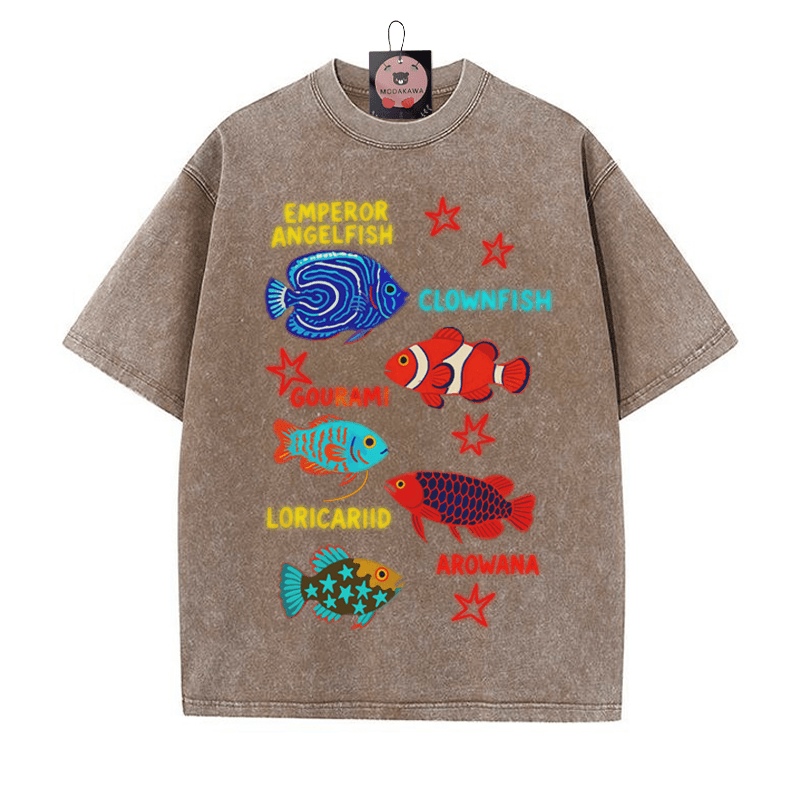 フィッシュスタープリント ヴィンテージウォッシュTシャツ - 茶色 - 5XL - image 1