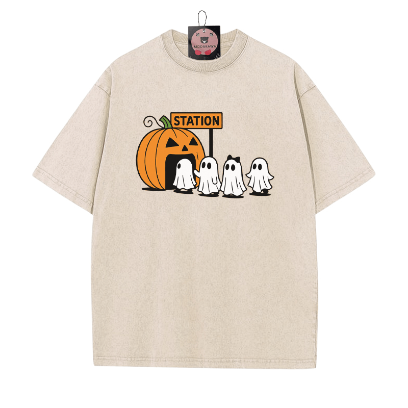 パンプキンゴーストプリント ヴィンテージウォッシュTシャツ - アプリコット - 5XL - image 2