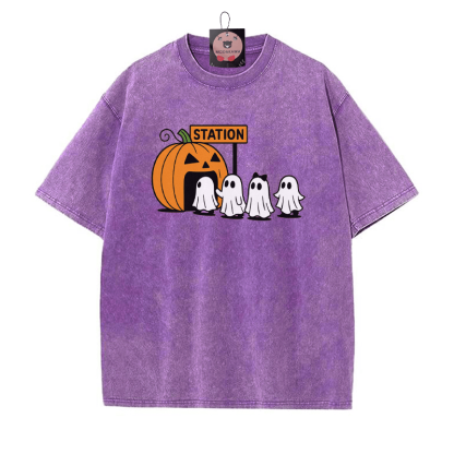 パンプキンゴーストプリント ヴィンテージウォッシュTシャツ - 紫 - 5XL - image 7