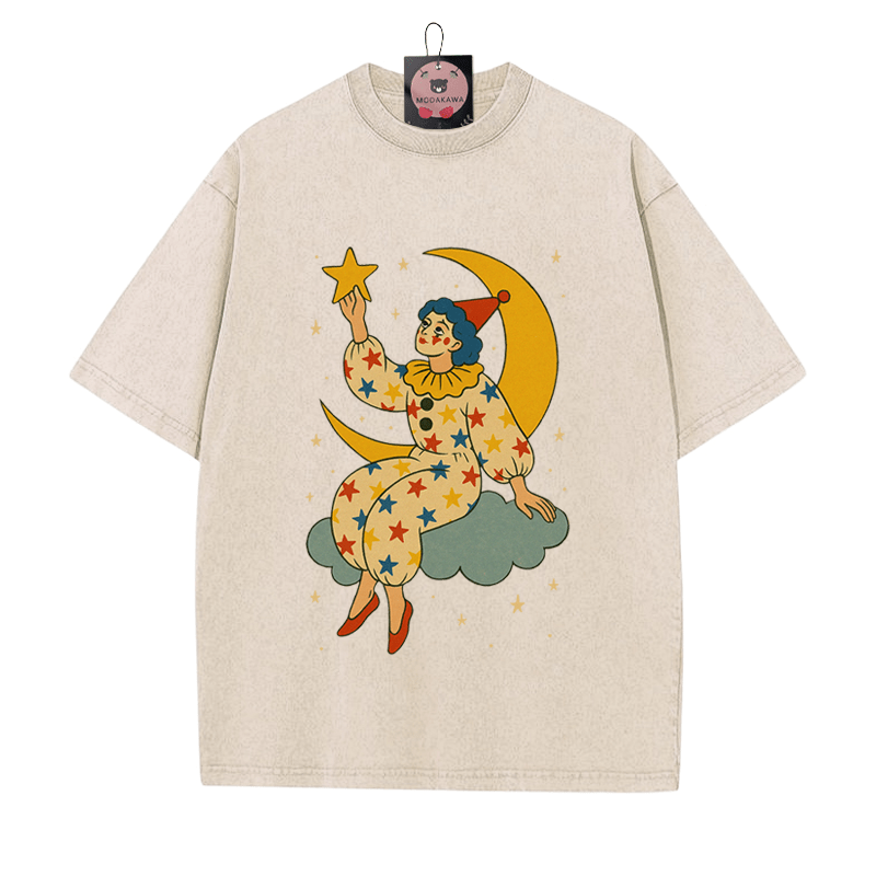 ムーン クラウン プリント ヴィンテージ ウォッシュド Tシャツ - Apricot - 5XL - image 3