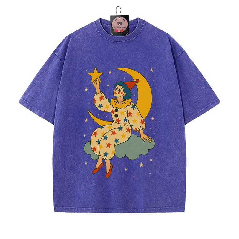 ムーン クラウン プリント ヴィンテージ ウォッシュド Tシャツ - Blue - 5XL - image 1