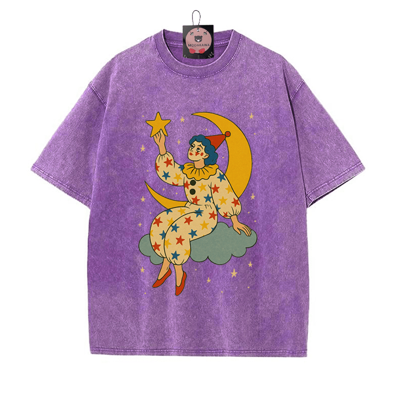 ムーン クラウン プリント ヴィンテージ ウォッシュド Tシャツ - Purple - 5XL - image 4