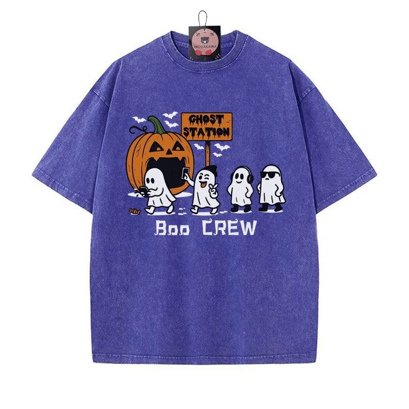 BOO CREW パンプキンゴーストプリント ヴィンテージウォッシュTシャツ - 青 - 5XL - image 4