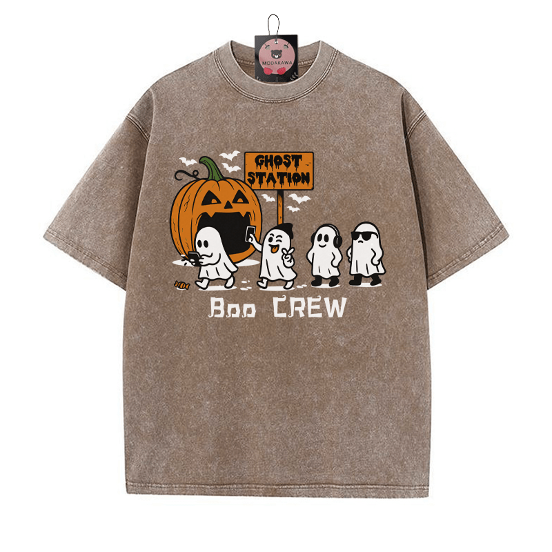 BOO CREW パンプキンゴーストプリント ヴィンテージウォッシュTシャツ - 茶色 - 5XL - image 3