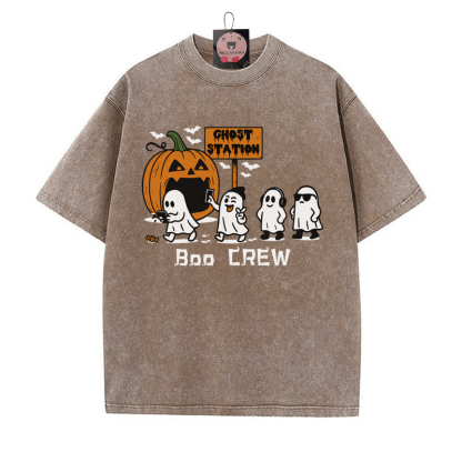 BOO CREW パンプキンゴーストプリント ヴィンテージウォッシュTシャツ - 茶色 - 5XL - image 3