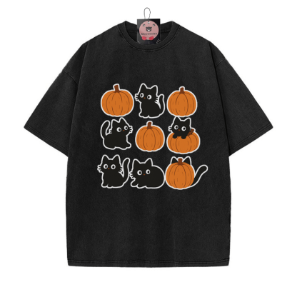 キティパンプキンプリント ヴィンテージウォッシュTシャツ - 黒 - 5XL - image 2