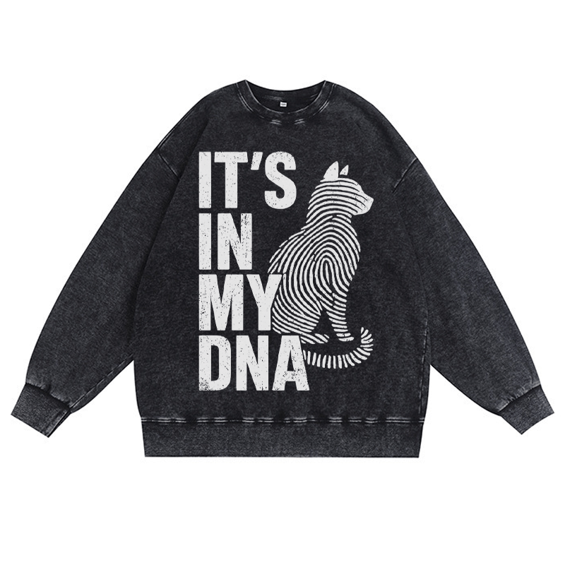 IT'S IN MY DNA 猫好き ユニセックス ヴィンテージ ウォッシュド スウェットシャツ 指紋グラフィック クルーネック プルオーバー - 黒 - 3XL - image 2