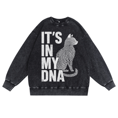 IT'S IN MY DNA 猫好き ユニセックス ヴィンテージ ウォッシュド スウェットシャツ 指紋グラフィック クルーネック プルオーバー - 黒 - 3XL - image 2