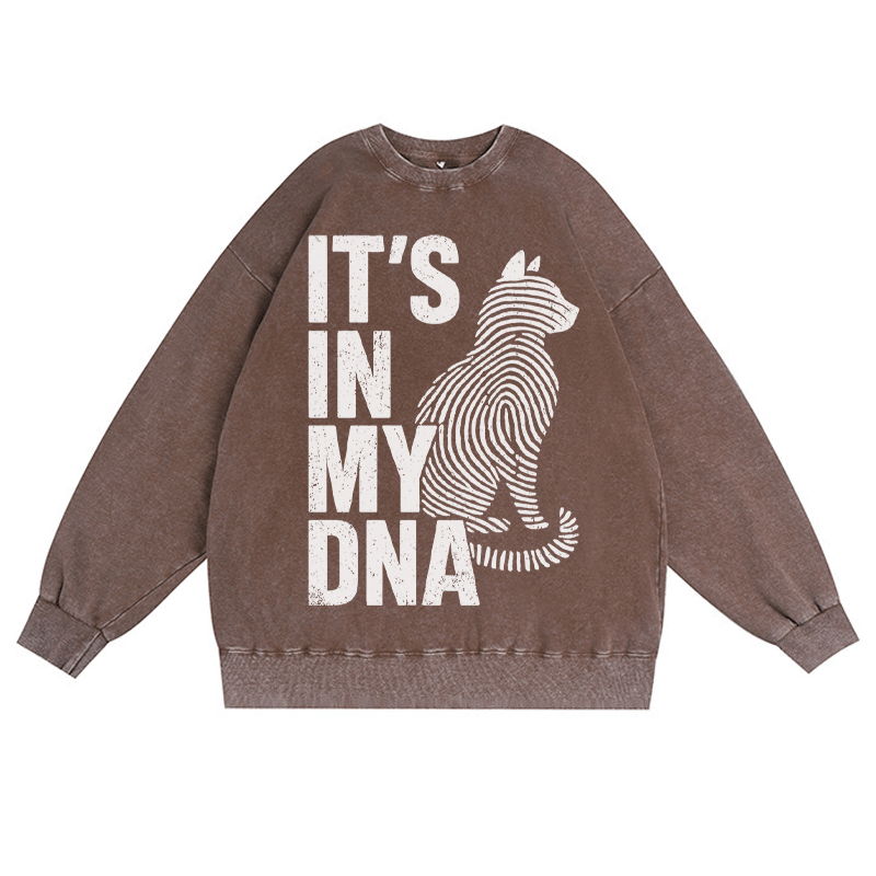 IT'S IN MY DNA 猫好き ユニセックス ヴィンテージ ウォッシュド スウェットシャツ 指紋グラフィック クルーネック プルオーバー - 茶色 - 3XL - image 1