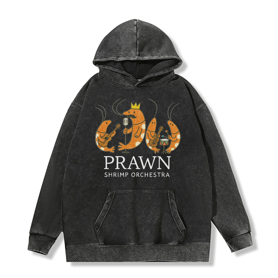 PRAWN SHRIMP ORCHESTRA ユニセックス ヴィンテージウォッシュドフーディー バンドグラフィックプルオーバー - Black - 2XL - image 2